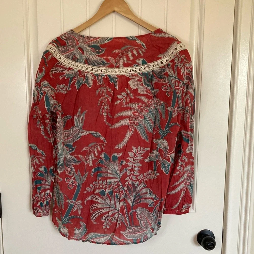 LOFT Women's Floral Cotton Boho Top Size Large Red Teal Lightweight Summer - Picture 10 of 11